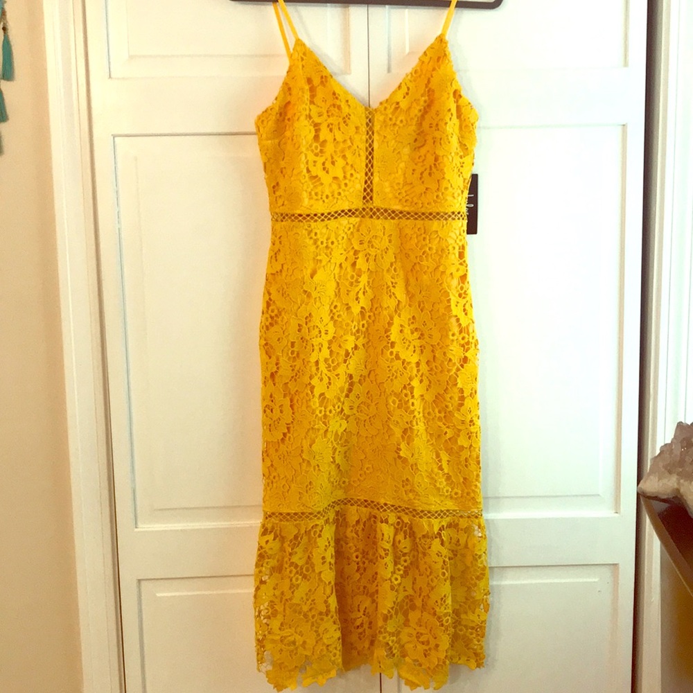 Golden Yellow Lace Midi Dress